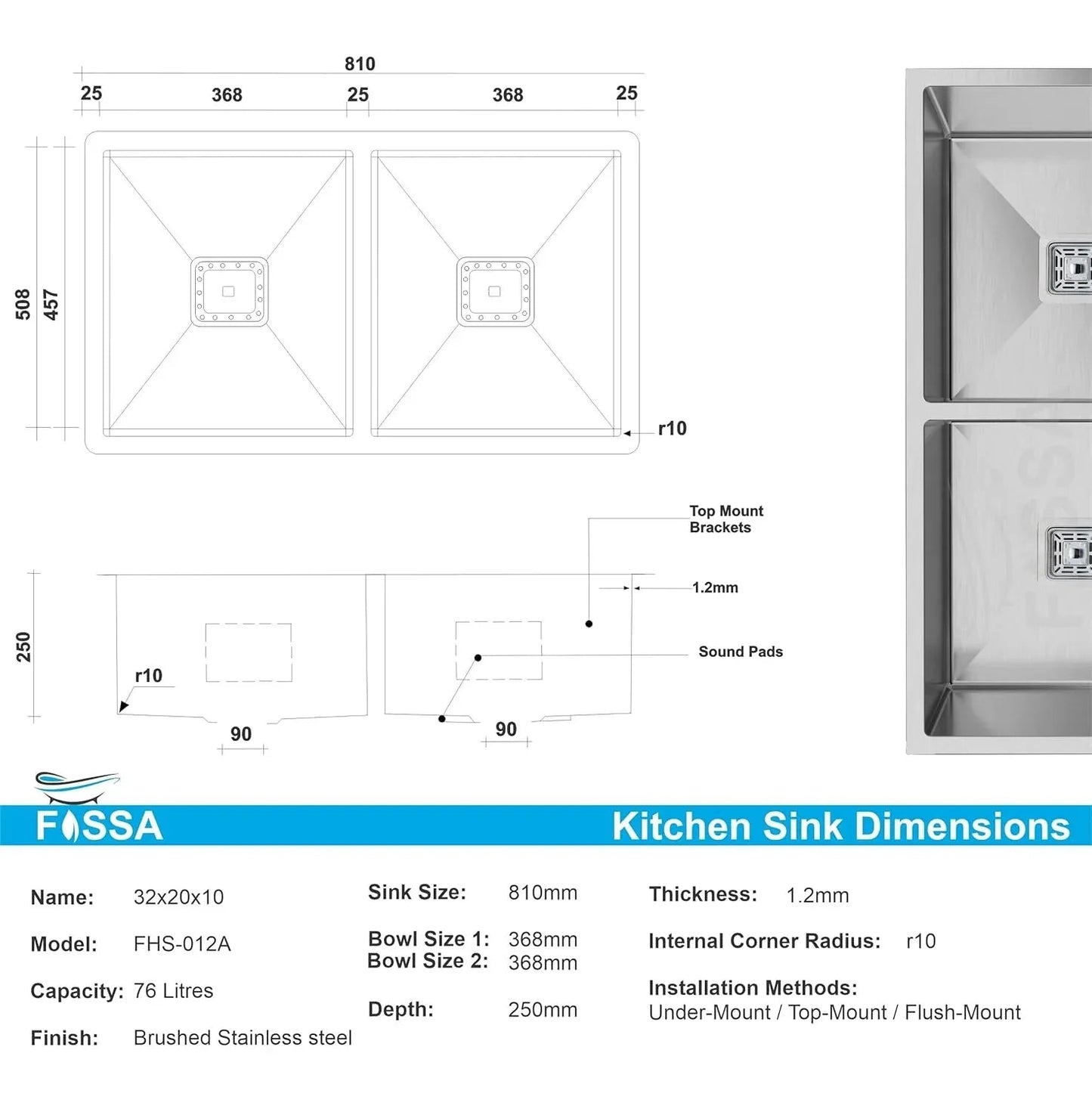 304 Handmade (45"x20"x10) Inch Stainless Steel Double Bowl Black Kitchen Sink With Tap Hole-1