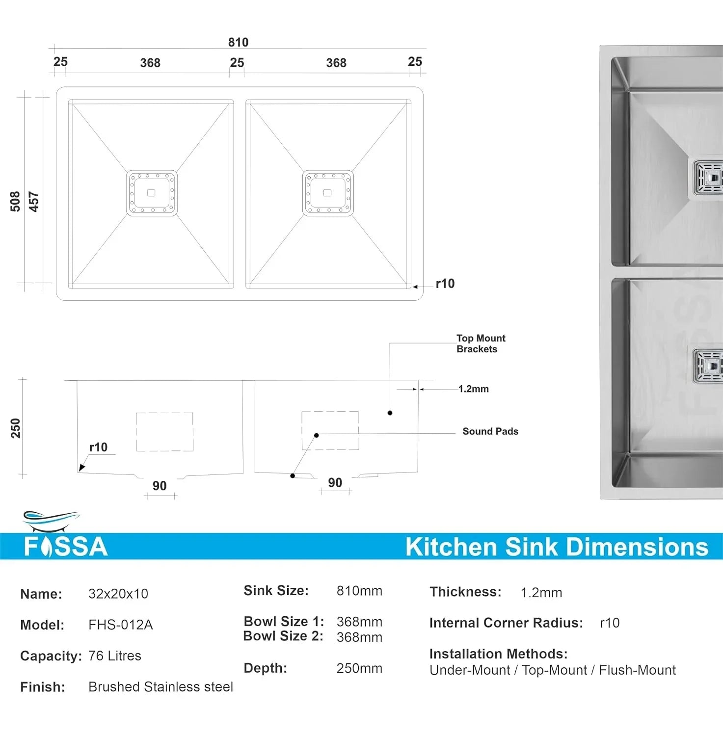 304 Handmade (45"x20"x10) Inch Stainless Steel Double Bowl Black Kitchen Sink With Tap Hole-1