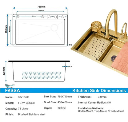 Smart Waterfall (30 x 18 x 10 ) Inch Premium Stainless Steel Kitchen Sink Gold