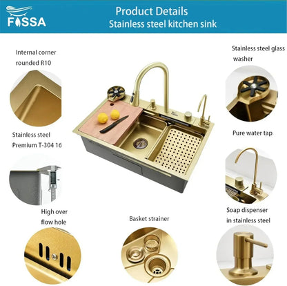 Smart Waterfall (30 x 18 x 10 ) Inch Premium Stainless Steel Kitchen Sink Gold