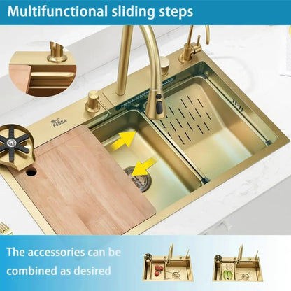 Smart Waterfall (30 x 18 x 10 ) Inch Premium Stainless Steel Kitchen Sink Gold